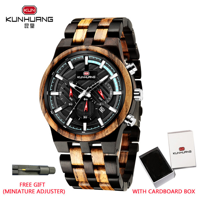 Relogio Masculino KUNHUANG Men's Wooden Watch Top Brand Luxury Stylish Chronograph Military Watches in Wooden Box reloj hom