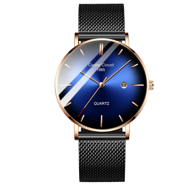 Men's quartz rose gold black net stainless steel black leather strap simple fashion blue watch