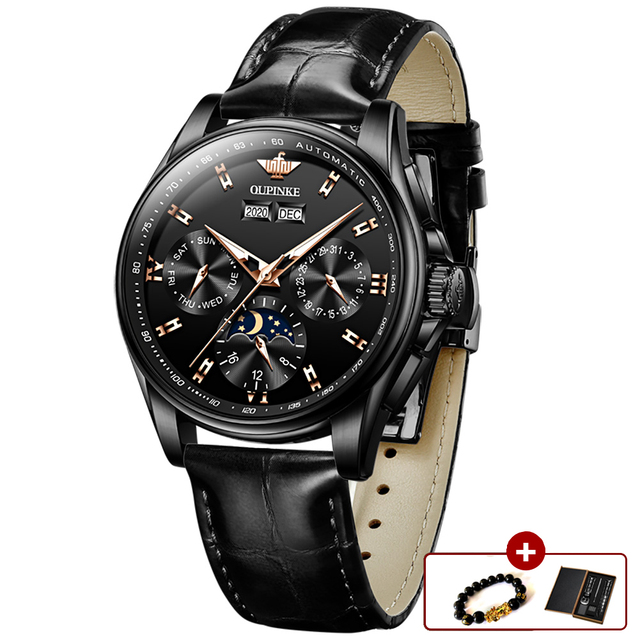 OUPINKE Luxury Automatic Men's Watch Mechanical Watches Leather Sapphire Crystal Waterproof Moon Phase Wristwatch Montre Homme