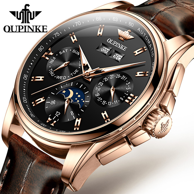 OUPINKE Men's Mechanical Watch Luxury Brand Automatic Watch for Men Leather Sapphire Waterproof Sport Moon Phase Wristwatch