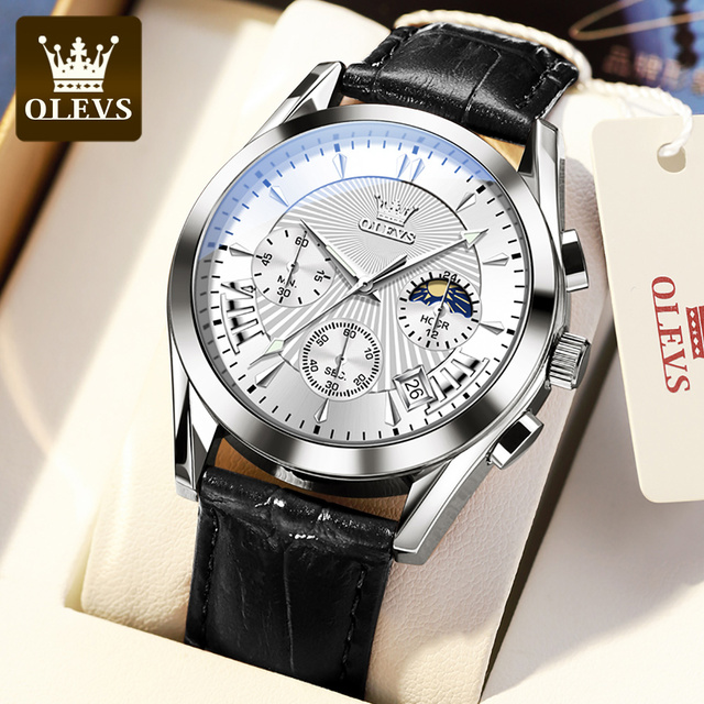 OLEVS Luxury Watch Men's Multifunctional Quartz Watch Business Style Leather Strap Waterproof Mens Calendar Chronograph Watch