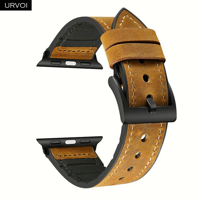 URVOI Strap for Apple Watch Series 7 6 SE 5 4 3 2 1 Leather Strap Silicone Back for iwatch Strap Breathable 41 45mm Buckle Black