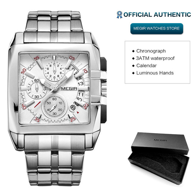 MEGIR Full Black Watches Men Luxury Chronograph Quartz Watch for Man Square Dial Luminous Wristwatch Relogios Relogios Reloj