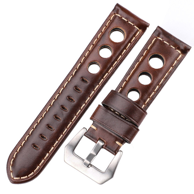 Cowhide Oil Wax Leather Watch Band, 22mm, 24mm, Dark Brown, for Men and Women, Genuine Leather, Fashionable, with Pin Buckle