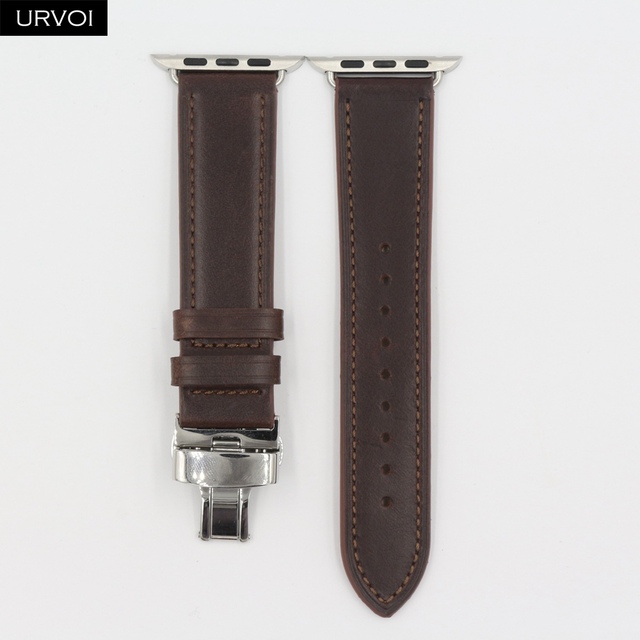 URVOI Deploy Buckle Band for Apple Watch 7 6 SE 5 4 3 Leather Strap for iwatch 41mm 45mm Single Round Design Butterfly Buckle