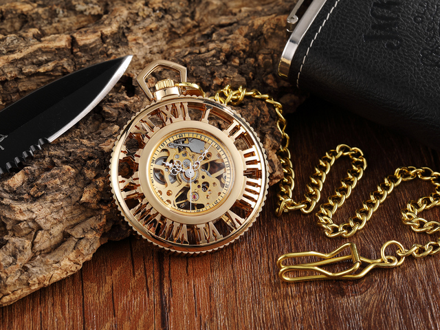 Gold Retro Hand Wind Mechanical Luxury Steampunk Pocket Watch Hollow Watches Roman Numerals Clock With Fob Chain Reloj Hombre