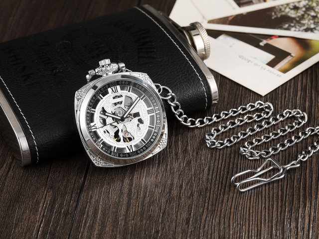 Retro Hand Wind Mechanical Luxury Steampunk Pocket Watch Hollow Silver Watches Roman Numerals Clock With Fob Chain Reloj Hombre