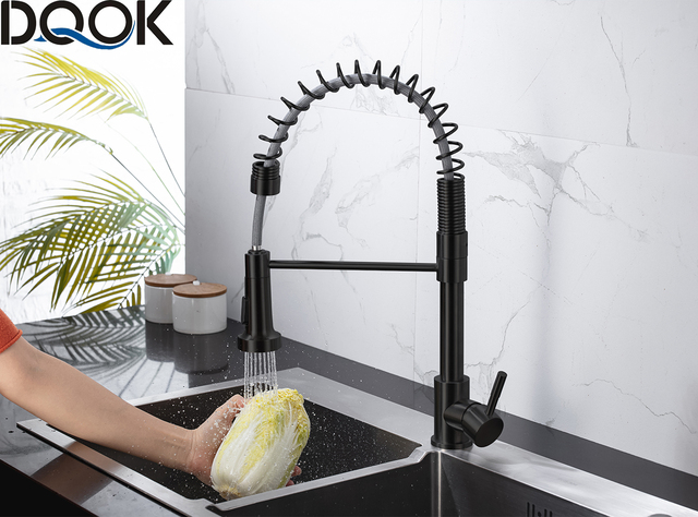 DQOK Matte Black Kitchen Faucet Deck Mounted Mixer Tap 360 Degree Rotation Stream Sprayer Nozzle Kitchen Sink Hot Cold Taps