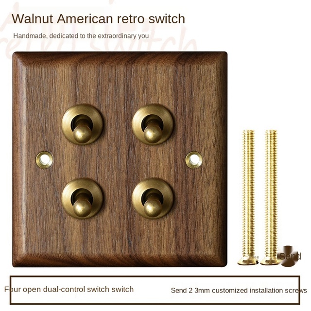 High-grade retro American industrial style light switch socket, solid wood brass toggle switch panel, antique home stay switch