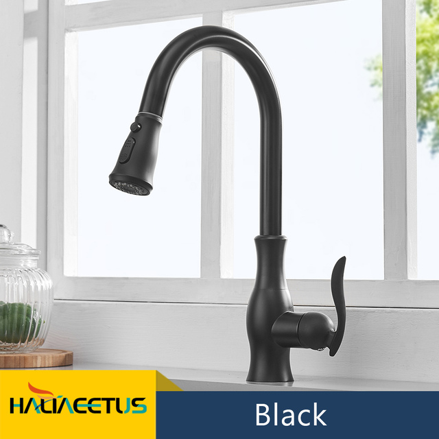 Black Spring Style Kitchen Faucet Deck Mounted 360 Degree Rotation Sink Tap Mixer Hot Cold Pull Down Sprayer Nozzle Faucets