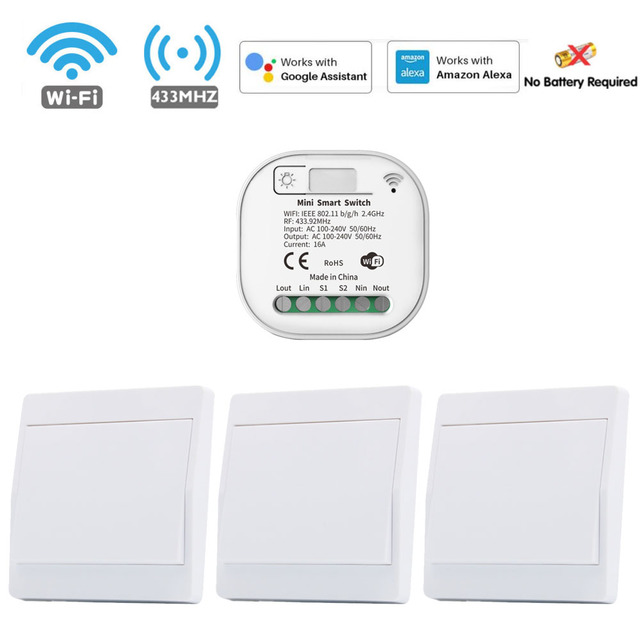 Tuya Smart WiFi and Rf Light Switch 433MHz Kinetic Wall Switch No Battery Needed Wireless Remote Control Timing 220V 16A for Alexa