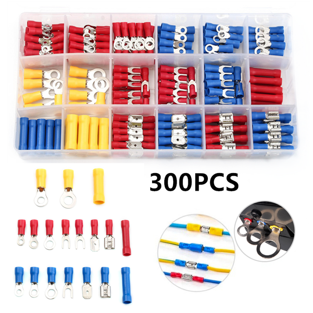 300pcs Insulated Electrical Wire Assorted Cable Connectors Crimp Spade Butt Ring Fork Set Ring Lugs Crimping Terminals Plier