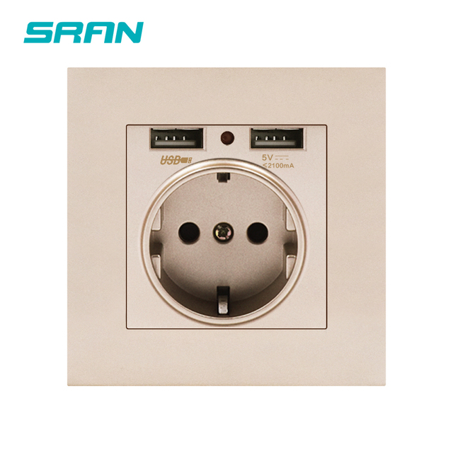 EU Power Socket,Socket With Usb Charging Port 2.1A 16A Sliver Computer Board 86mm*86mm Russia Spain SRAN Wall Socket