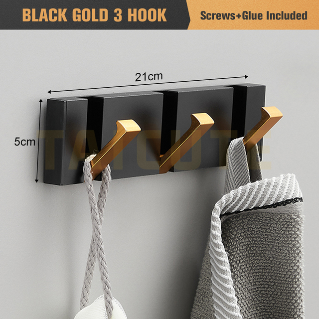 TAICUTE Folding Towel Hanger 2 Ways Fitting Wall Hooks Coat Clothes Rack for Bathroom Kitchen Bedroom Hallway, Black Gold