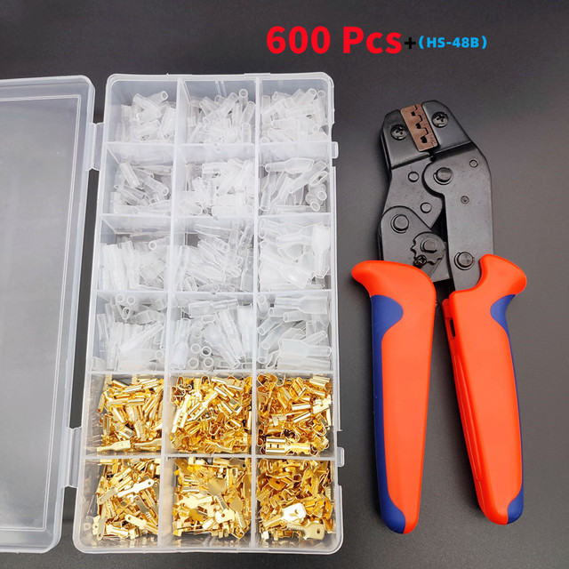 600pcs Female and Male Crimp Termination, Electrical Connector, Fastening Terminal Kit, Golden Plug-in 2.8/4.8/6.3mm Cold Press Pliers