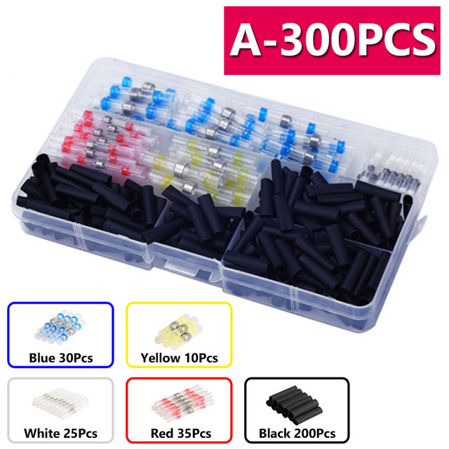 300pcs Electric Heat Shrink Butt Terminals Crimp Terminals Seal Welding Kit Waterproof Wire Twisting Cabling Connector With 300W Hot Air Gun