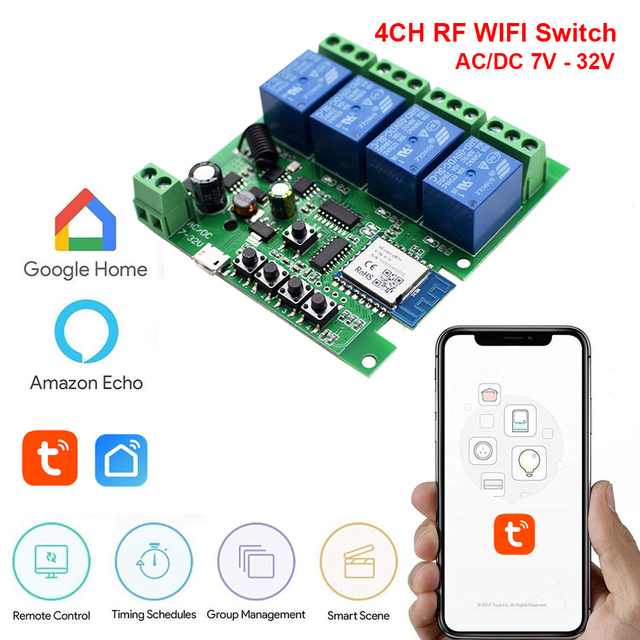 1/2/4 CH Smart WiFi Light Switch Garage Door Opener Breaker Module 12V 24V 220V RF Receiver Tuya Remote Control Work with Alexa