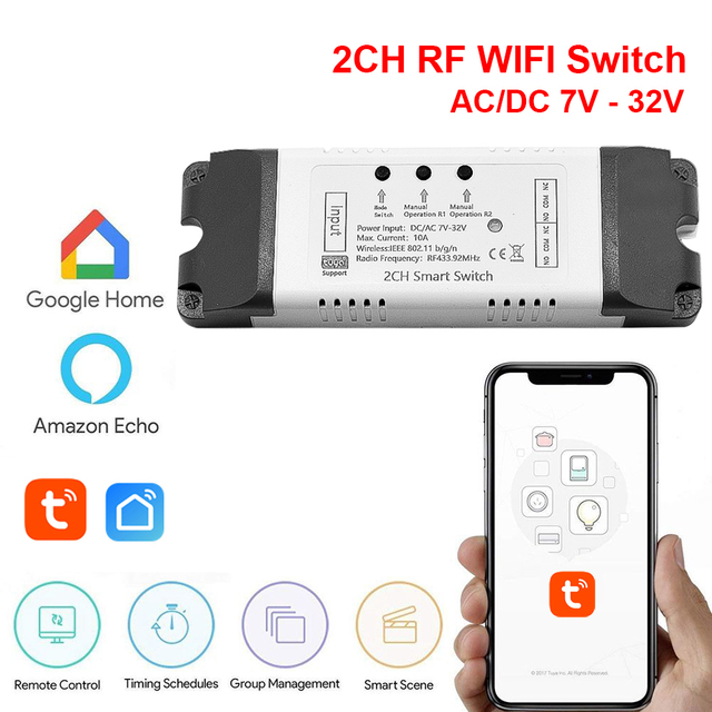 2CH Tuya Wifi التبديل التتابع وحدة فتحت باب المرآب 12 فولت 24 فولت 220 فولت الحياة الذكية لتقوم بها بنفسك المنزل الذكي العمل مع أليكسا جوجل المنزل