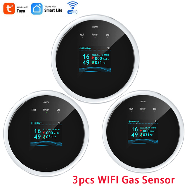 Tuya Smart Poisoning Gas Leak Sensor Fire Warning Alarm Temperature Sensor Thermometer 3-Color LCD Display Focus