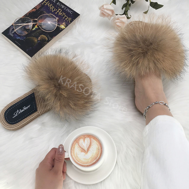 Real Fox Fur Slides Summer Women Faux Espadrilles Slippers Ladies Fluffy Flip Flops Luxury Furry Sandals Shoes 36 37 38 39 40