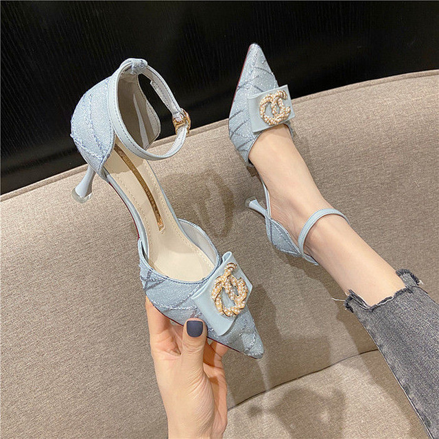 2022 Autumn Spring Women's Pumps New Pointed High Heels Thin Heel Sandals Woman Head Hollow Button Single Shoes