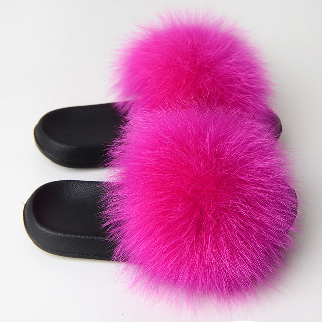 Real Fox Fur Slippers Women Summer Indoor Fluffy Flat Raccoon Fur Slides Outdoor Fashion Casual Beach Shoes Plus Size Shoes