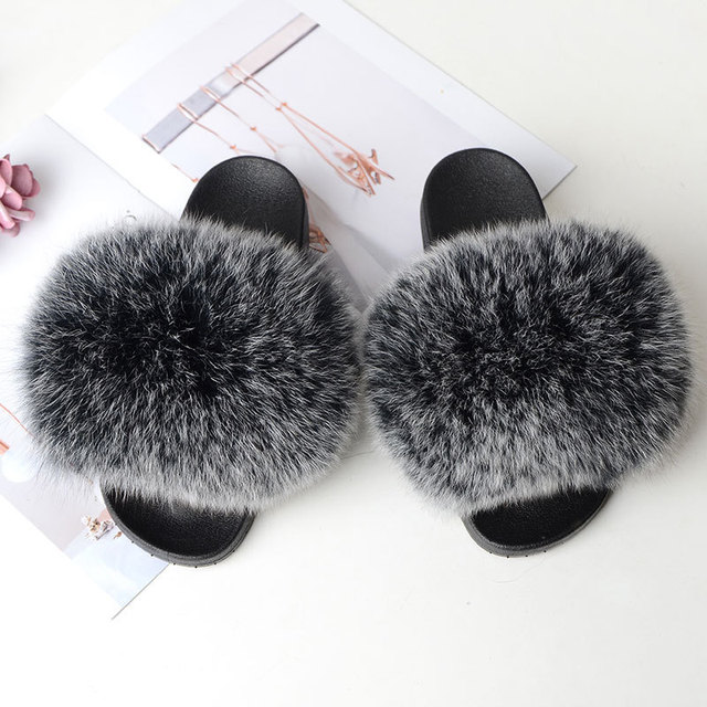 Genuine Fluffy Fur Slippers Women Summer Indoor Flip Flops Fur Sandals Slides Ladies Home Furry Plush Shoes Woman Fur Slides