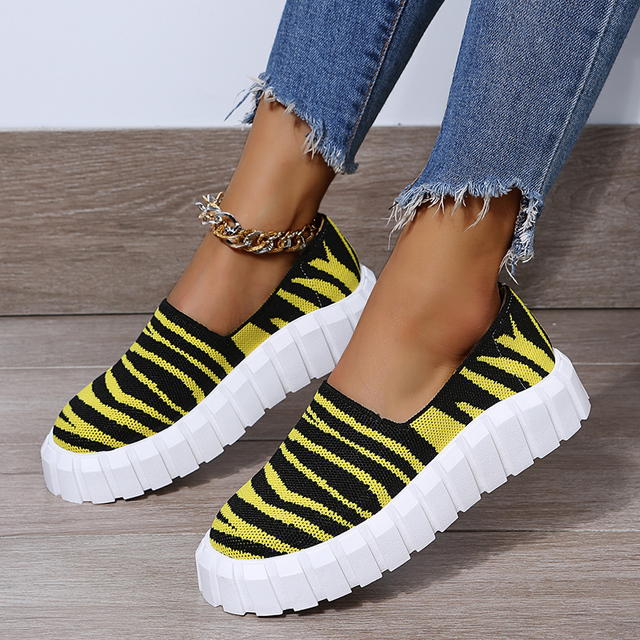 Rimocy Chunky Platform Knitting Flats Women Striped Slip-on Thick Sole Casual Shoes Woman Plus Size Spring Rome Walking Shoes