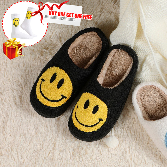 Winter Women Slippers Fluffy Smiley Face Slippers Fur Warm Couple Cotton Shoes Home Indoor Thick-soled Non-slip Floor Shoes 2022