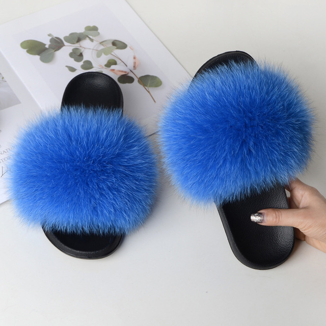 Summer fox fur slippers flat non-slip solid plush home shoes