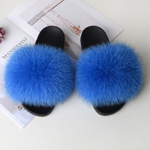 Women Summer Fluffy Fur Slippers Flat Non-slip Solid Real Furry Fur Slides Platform Shoes Plush Fur Sandals Flip Flops Women