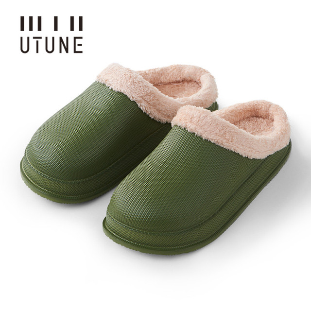 UTUNE Winter Slippers Men Shell Mules Waterproof EVA Indoor Plush Warm Shoes Women Anti-slip Garden Home Slippers Thick Solid