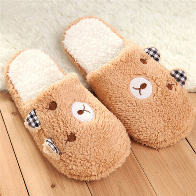 Women Plush Short Winter Slippers Cotton Bear Flat Shoes Home Bedroom Home Soft Velvet