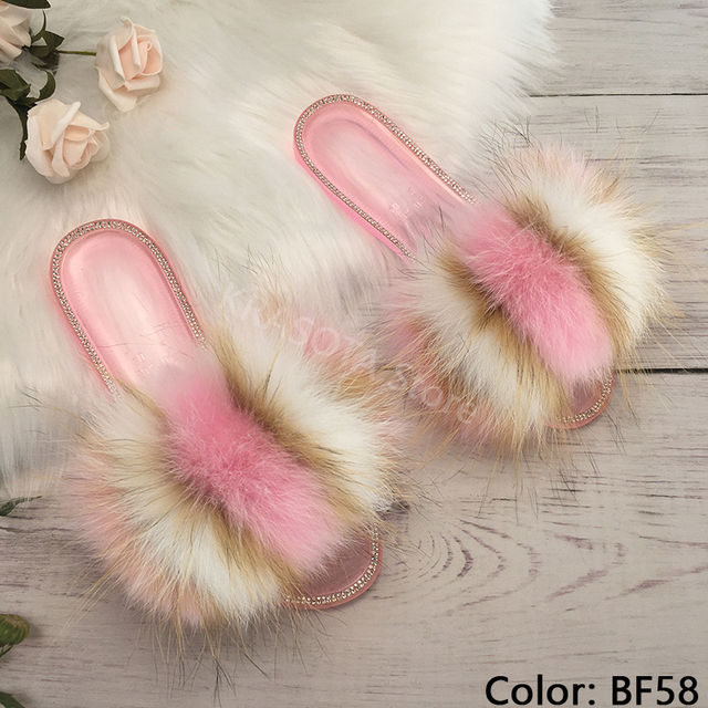 fluffy slippers women real fur home slides summer crystal rhinestones shoes for women flip flops with fur jelly sandals women