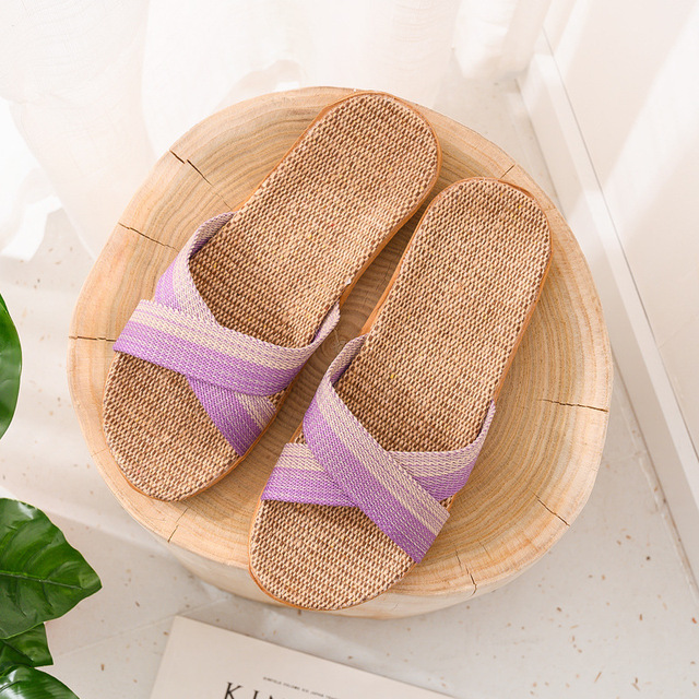 Women Linen Home Slippers Summer Casual Slides Beach Shoes Ladies Indoor Linen Slippers Bohemia Striped Flip Flops Sandals