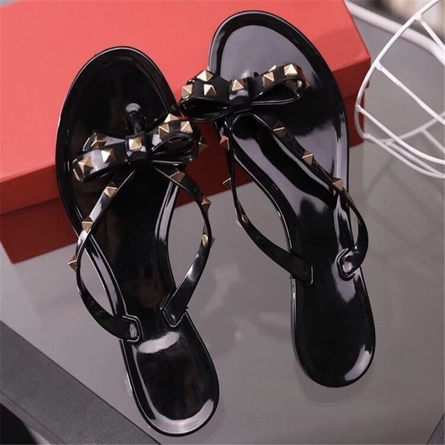 Fashion Brand Summer Flip Flops Woman Rivets Women Sandals Bow-knot Flat Slippers Girls Studded Beach Slides Jelly Shoes 35-41