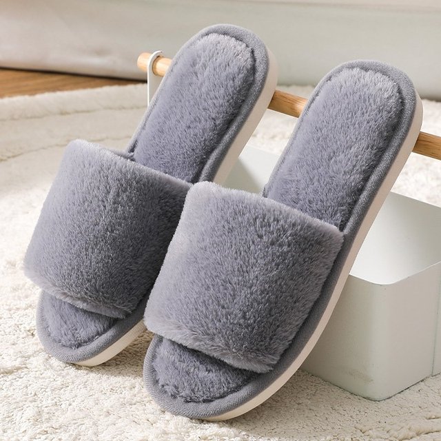 2021 Fashion Soft Fur Slippers Slides Home Indoor Floor Shoes Solid Volvi Slippers for Bedroom Open Toe Comfortable Shoes Women Gray