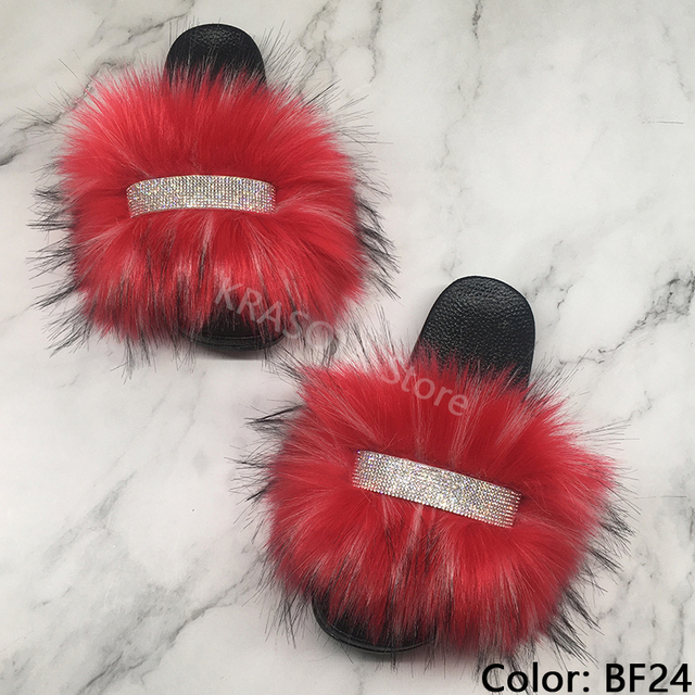 Home Slippers Women Thin Slippers Luxury Summer Faux Fur Slippers Furry Slides Shoes For Women With Rhinestones Slipper 2022