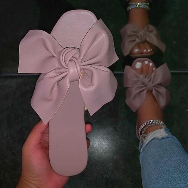 Size 43 Women Summer Sandals Satin Bow Flat Shoes Pearl Beach Sandals Suede Imitation Solid Color Sandals Outdoor Sandals