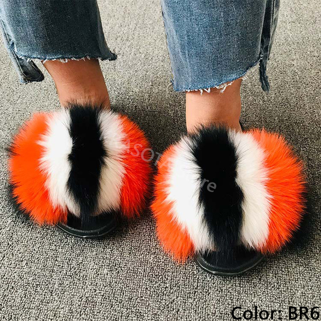 fluffy slippers women luxury real fox fur slippers women home fur slides ladies summer flip flops wholesale flat shoes slippers