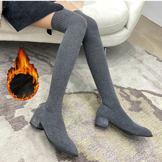 Women Over The Knee Sock Boots Knitting Sock Boots Pointed Toe Elastic Slim Female Thigh High Boots Flat Botas De Mujer Boots