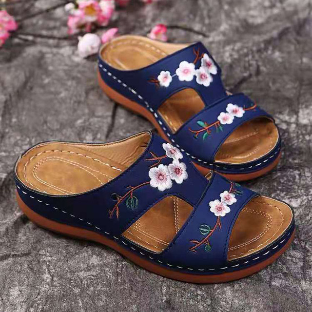 Rimocy Floral Embroidery Women Slippers Soft Bottom Beach Beach Women 2022 Summer Slip On Sandals Plus Size 43 Mujer Flip Flops