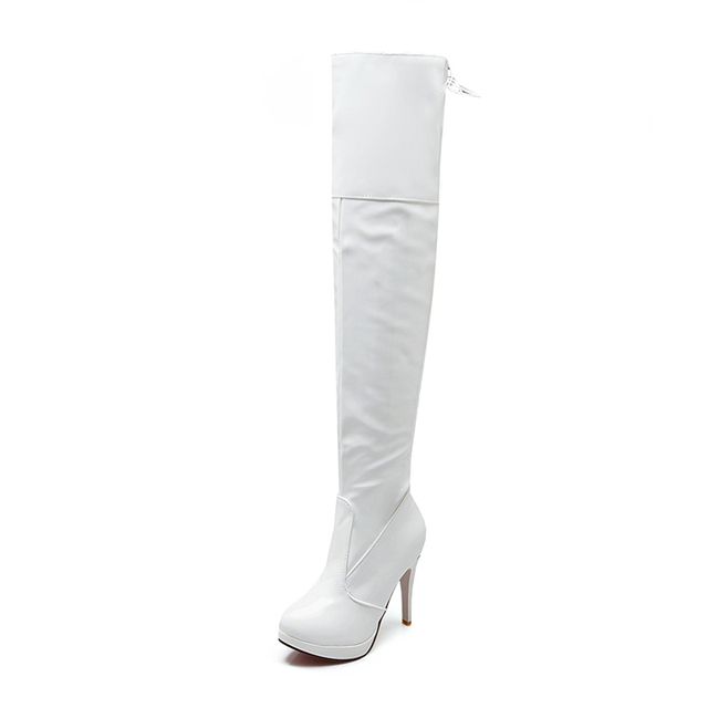 REAVE CAT 2021 Sexy Over the Knee Boots Patent Leather Velvet Round Toe Lace Up Zip Platform 11cm Thin Heel US12 White Red A4348