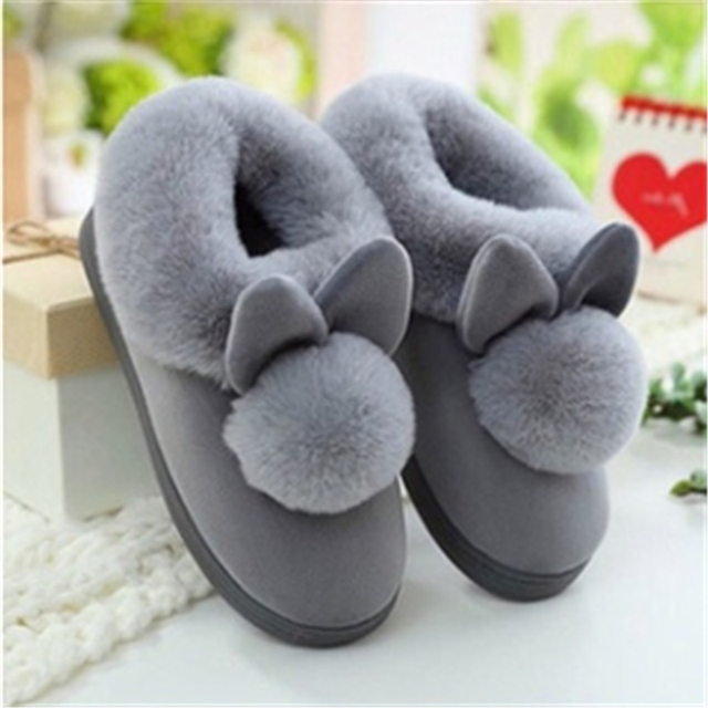 Autumn Winter Cotton Slippers Rabbit Fur Home Warm Thick Bottom Indoor Cotton Shoes Women Slippers Cute Fluffy Cat Slippers