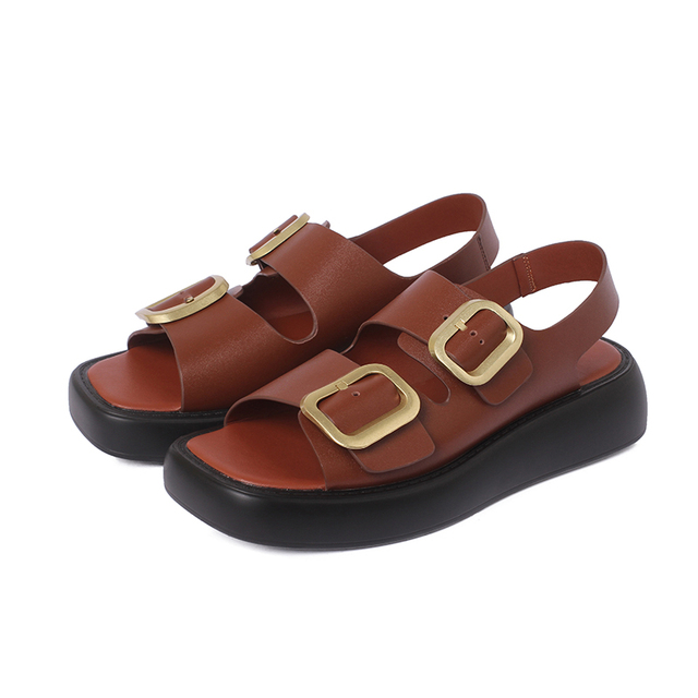 Metal buckle decoration split leather slip on women sandals flat platform fashion women's shoes summer sandals black beige