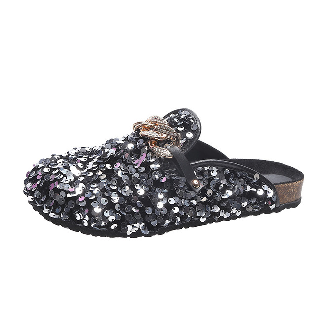 Fashion shoes women sequins metal chain slippers outdoor platform golden sandals 2022 new casual slip on lazy 43 size women shoes