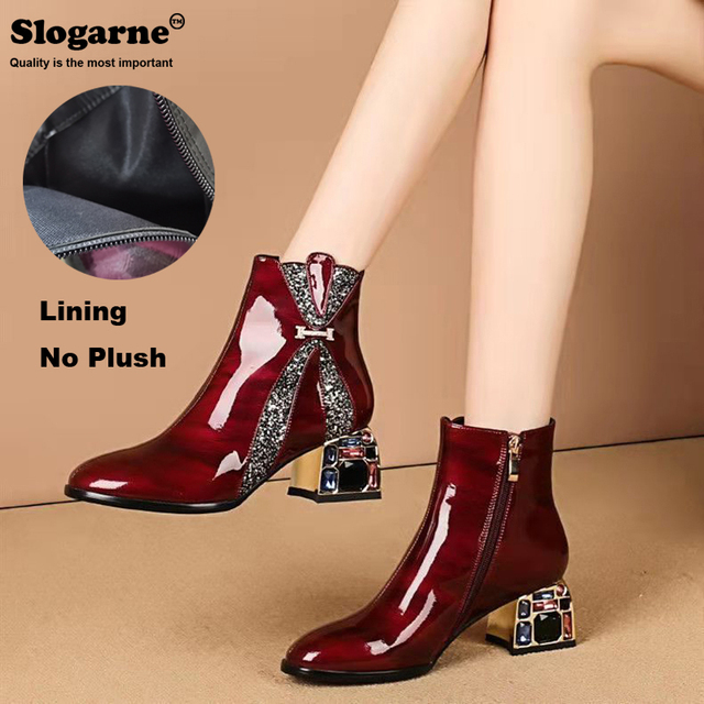 Women's shoes modern diamond high heels spring autumn patent leather waterproof female short ankle boots winter shoes party pump