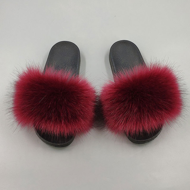 Women Summer New Synthetic Fox Fur Slippers Indoor Home Furry Cute Faux Raccoon Fur Non-slip Outdoor Home Shoes Beach Sandals