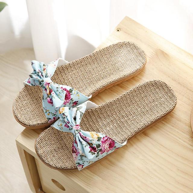 Summer Bowknot Linen Slippers Women Ladies Slippers Soft Bottom Silent Indoor Slippers Casual Slides Breathable Beach Shoes