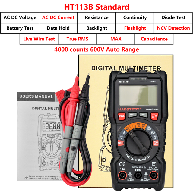 HABOTEST Automotive Digital Multimeter Hz Ohm NCV System AC Voltmeter DC Multimeter Multimeter